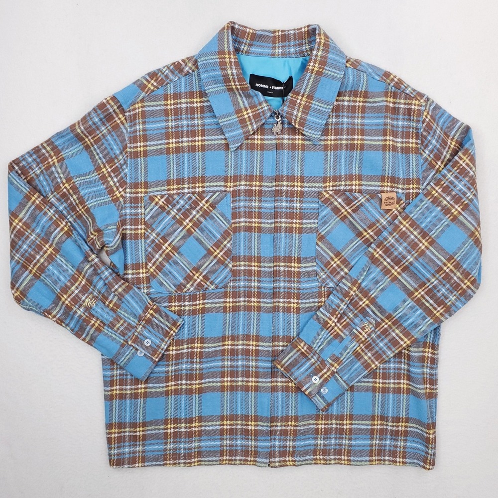 Homme + Femme Shirt Mens Small Blue Brown Plaid Everyday Flannel Zip Up Oversize